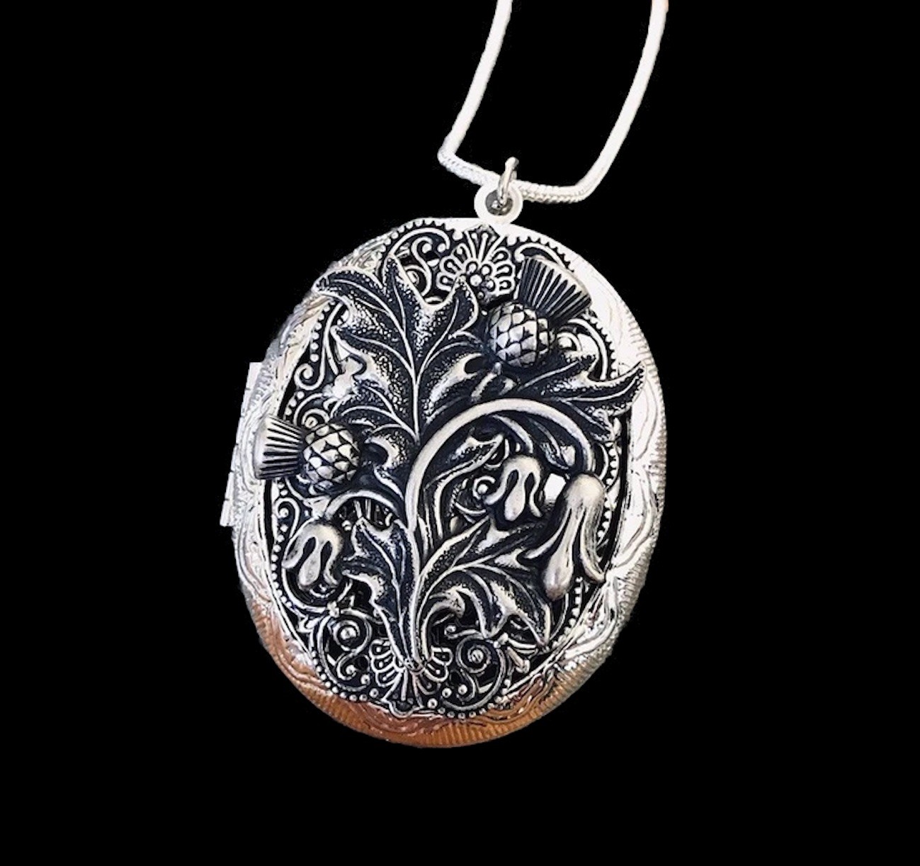 Thistle Locket Necklace Photo Pillbox Stash Pendant, 925 Sterling Silver Chain