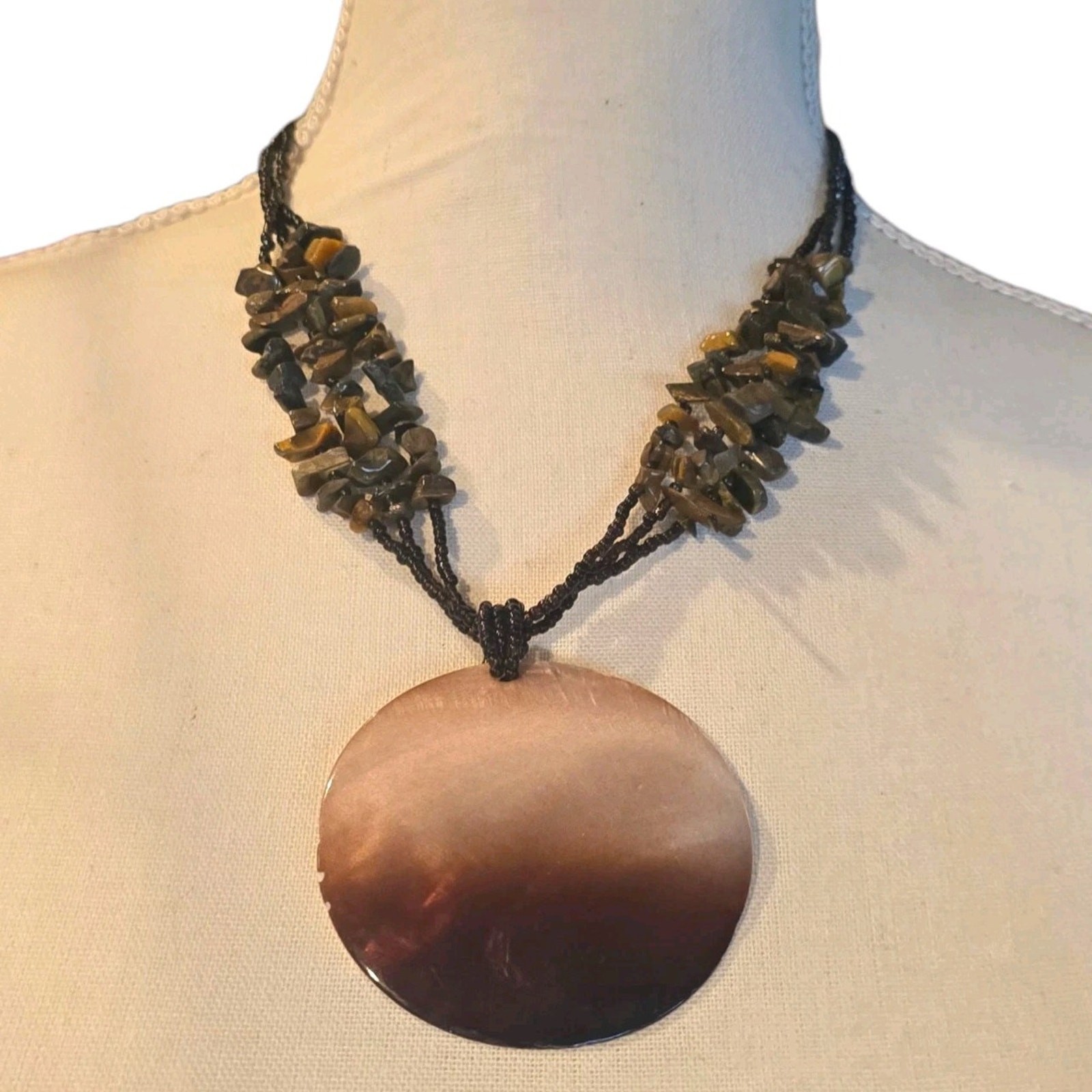 Vintage Necklace Harvest Moon Like Design Shell Pendant Handmade Beaded SKU 3030
