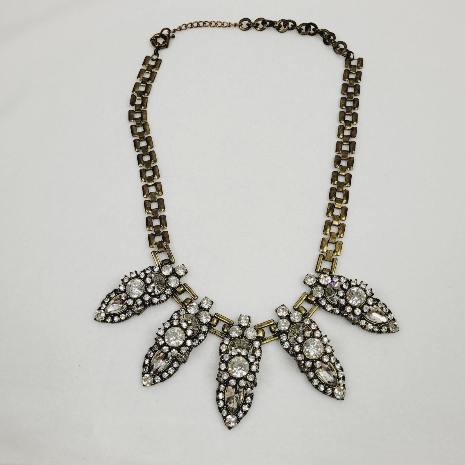 Antiqued Brass Tone Fashion Jewelry Necklace Colorless Rhinestones Statement Art