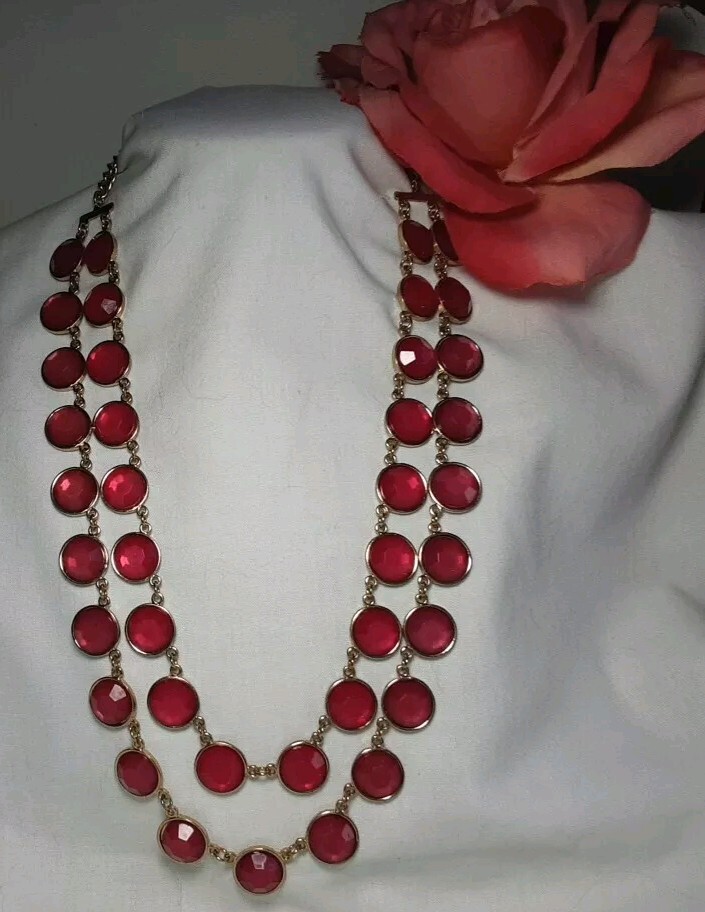 Necklace Gold Tone Red Double ( 2) Gradual Strands Faceted Disks Adj