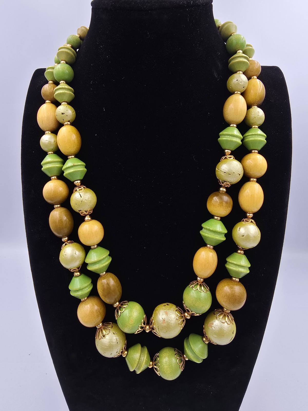 Vintage Double Strand Wood Bead Necklace Green Yellow Gold Tone Clasp