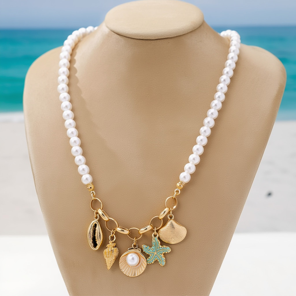 Pearl Necklace Gold Seashell Starfish Charm Choker Boho Beach Women Gift