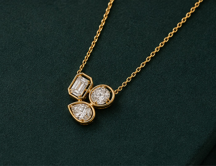 3.00Ct Multi Cut Moissanite VVS1 3-Stone Pendant Necklace 14K Yellow Gold Plated