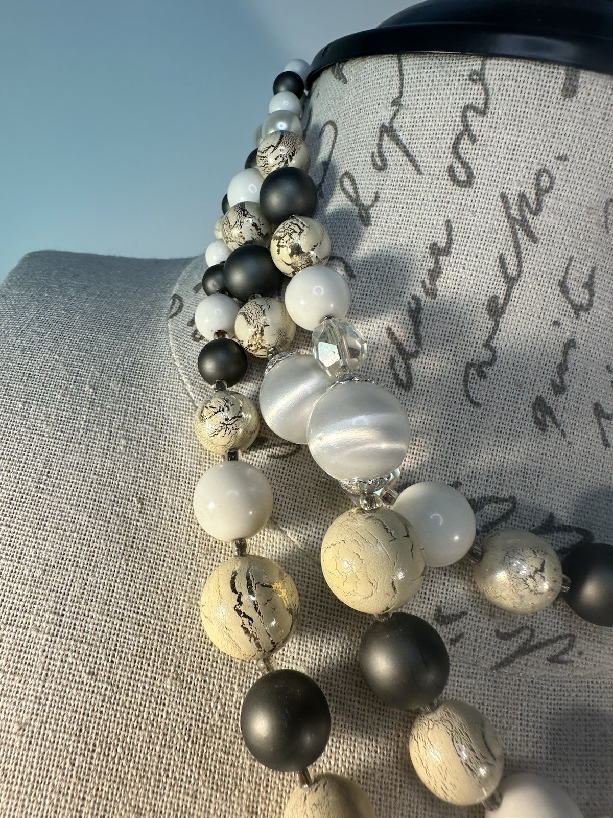 Vintage Multi-Strand Beaded Necklace, Black White Gray Beads, Adjustable Jewelry