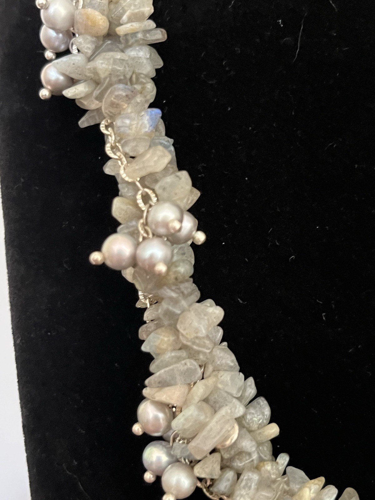 Labradorite and Pearl Statement Necklace 16″ – Beaded Collar Multi Strand Twist