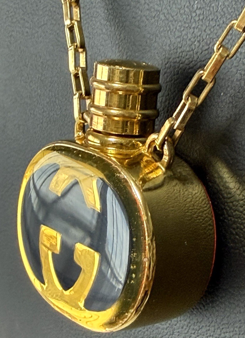 Vintage Gucci Navy Enamel GG Perfume Bottle Motif Necklace Pendant Gold-tone
