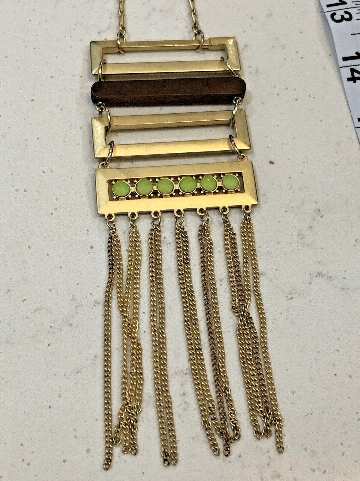 Gold Tone Geometric Fringe Pendant Necklace Wood Chartreuse Green Statement Boho