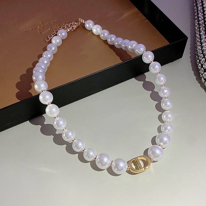 Necklace Earrings Bracelet Faux Pearl Silver Gold Chain Woman CD Pendant Strand