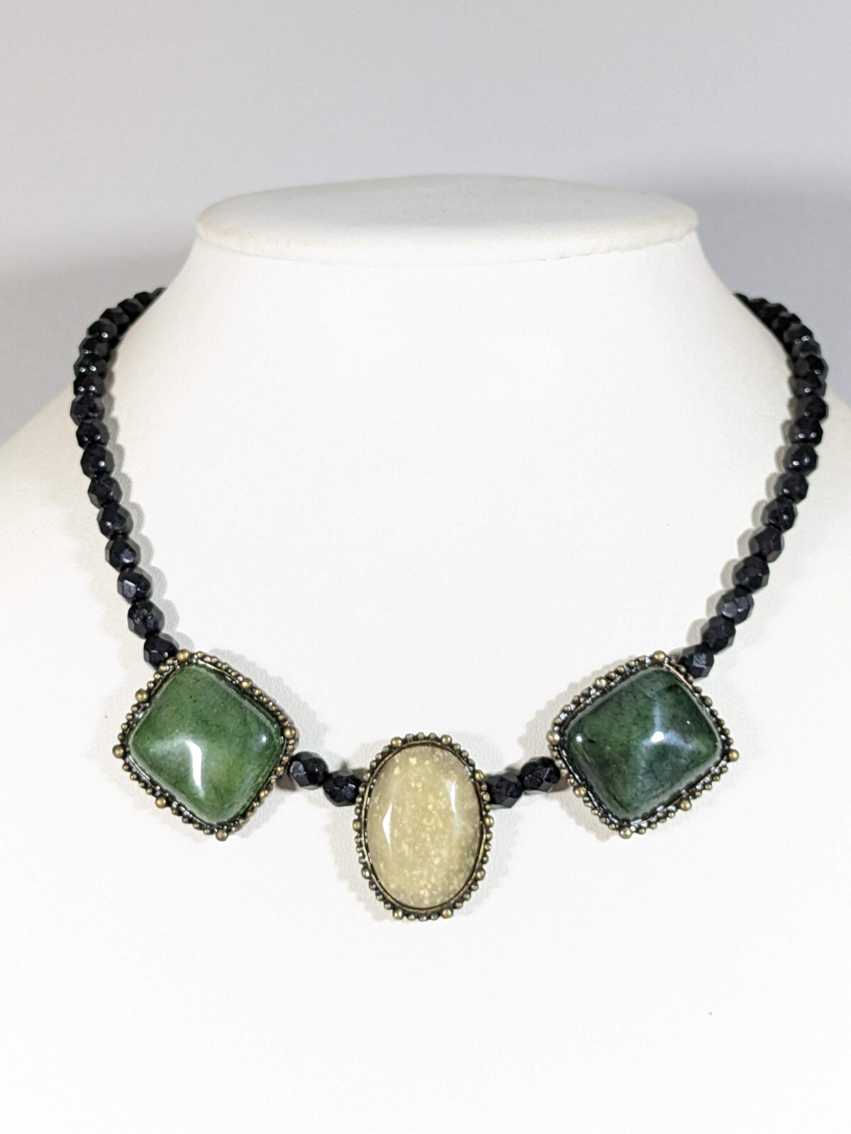 Black Glass Bead green Ivory Color Acrylic Square Oval Cabochon Necklace 16.5 in