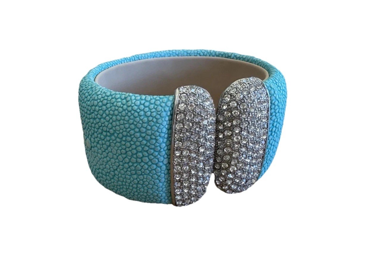 PJM Jewelry Turquoise Leather Hinge Wide Bangle CZ-Cuff Bracelet