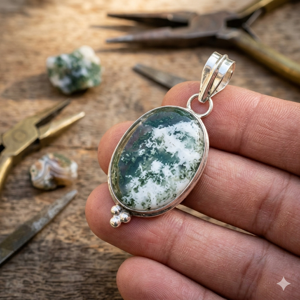925 Silver Plated Genuine Agate Wife Channel Set Art Deco Boho Pendant Jewelry