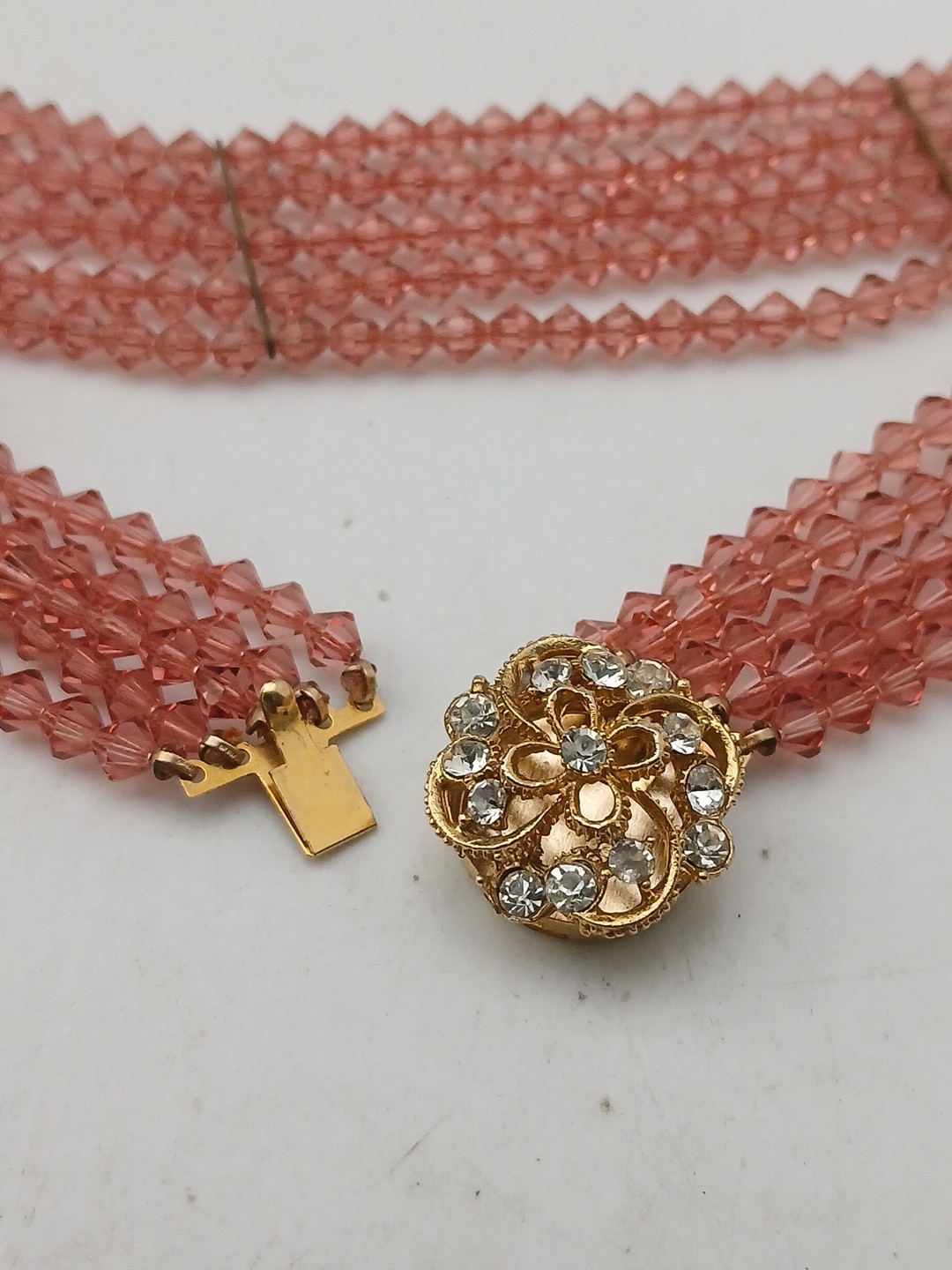ROYAL ELEGANCE gold tone clear stones 5 strand peachy pink bicone beads chocker