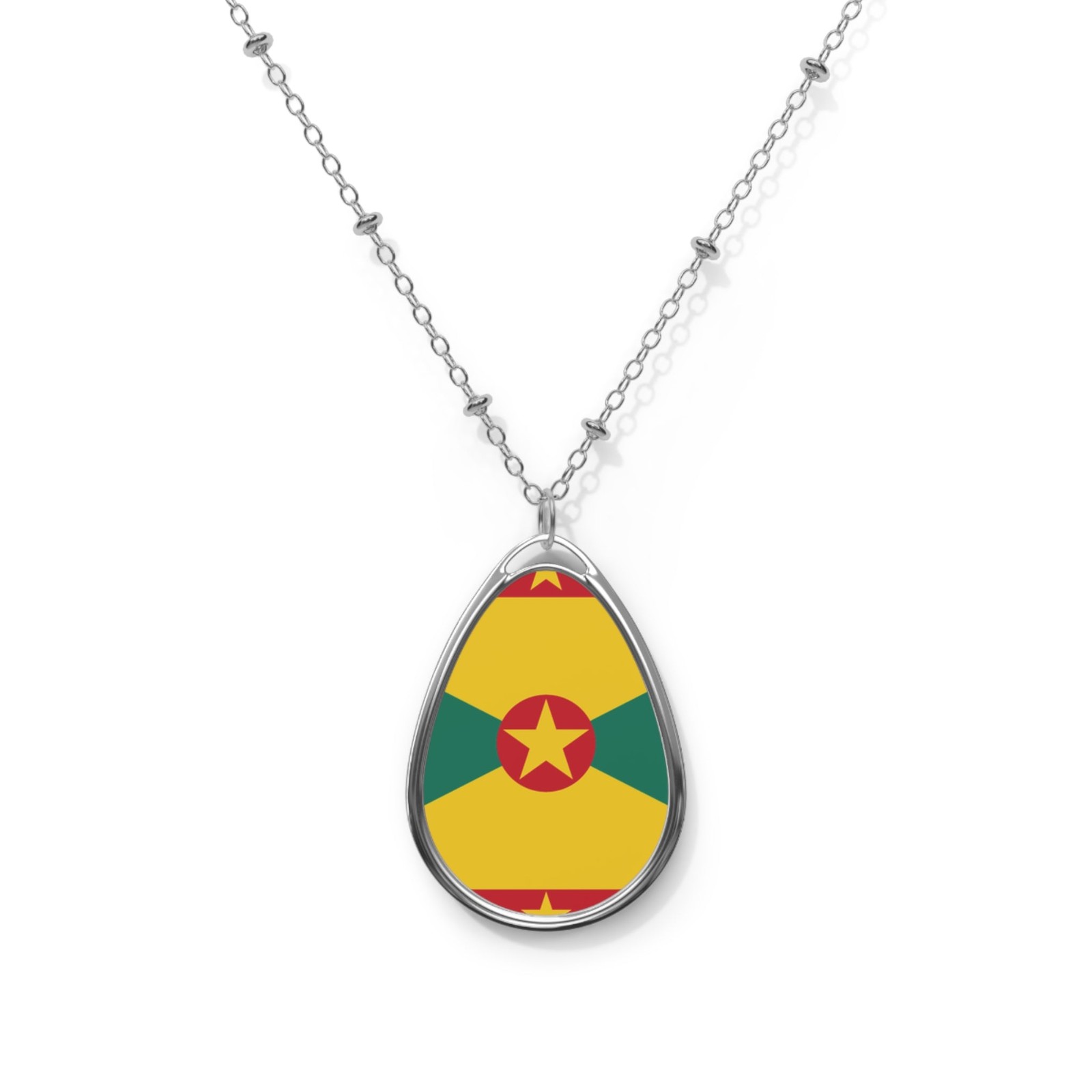 Grenada Flag Necklace – Oval Grenadian Heritage Pendant – One Size / Silver