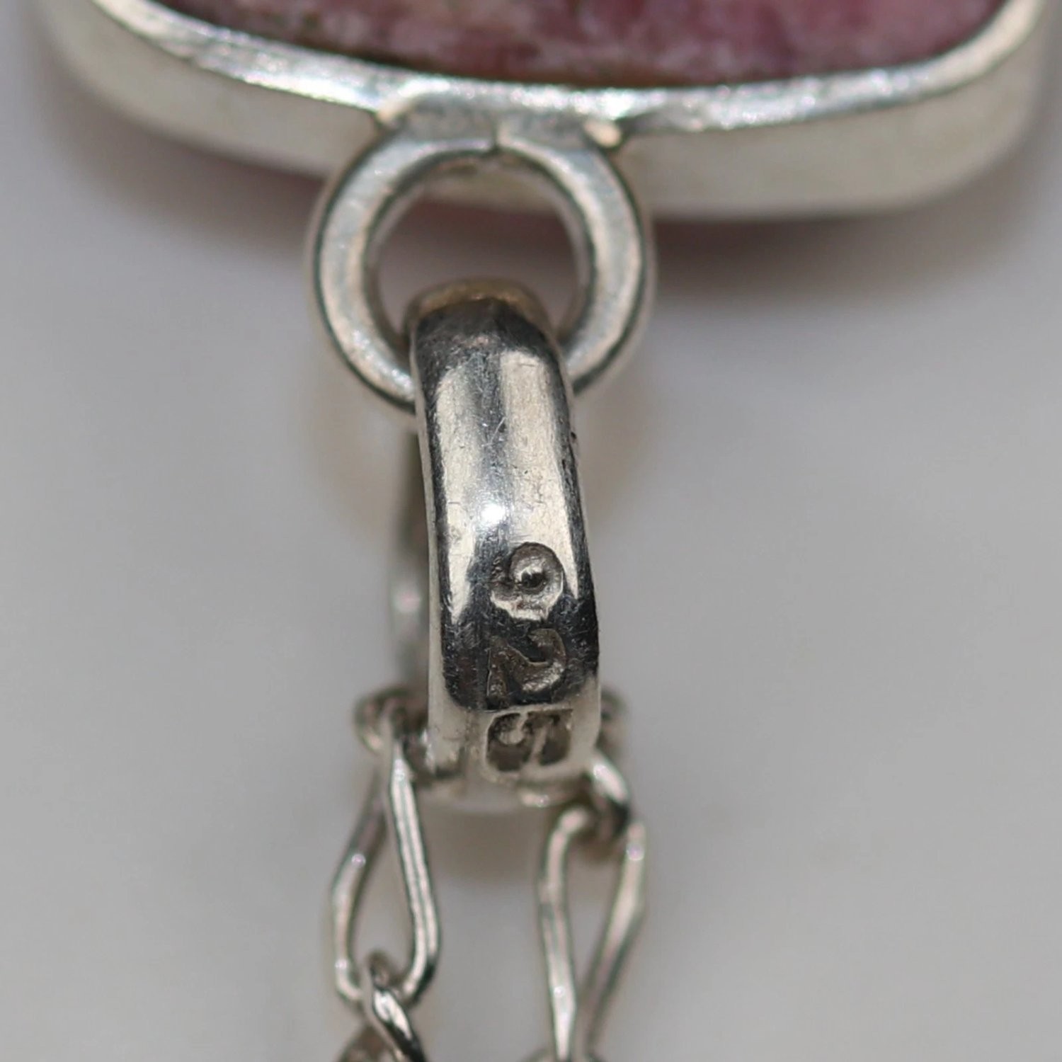 Vintage Sterling Silver Rhodonite Pendant Necklace 925 Figaro Chain 18″ Pink