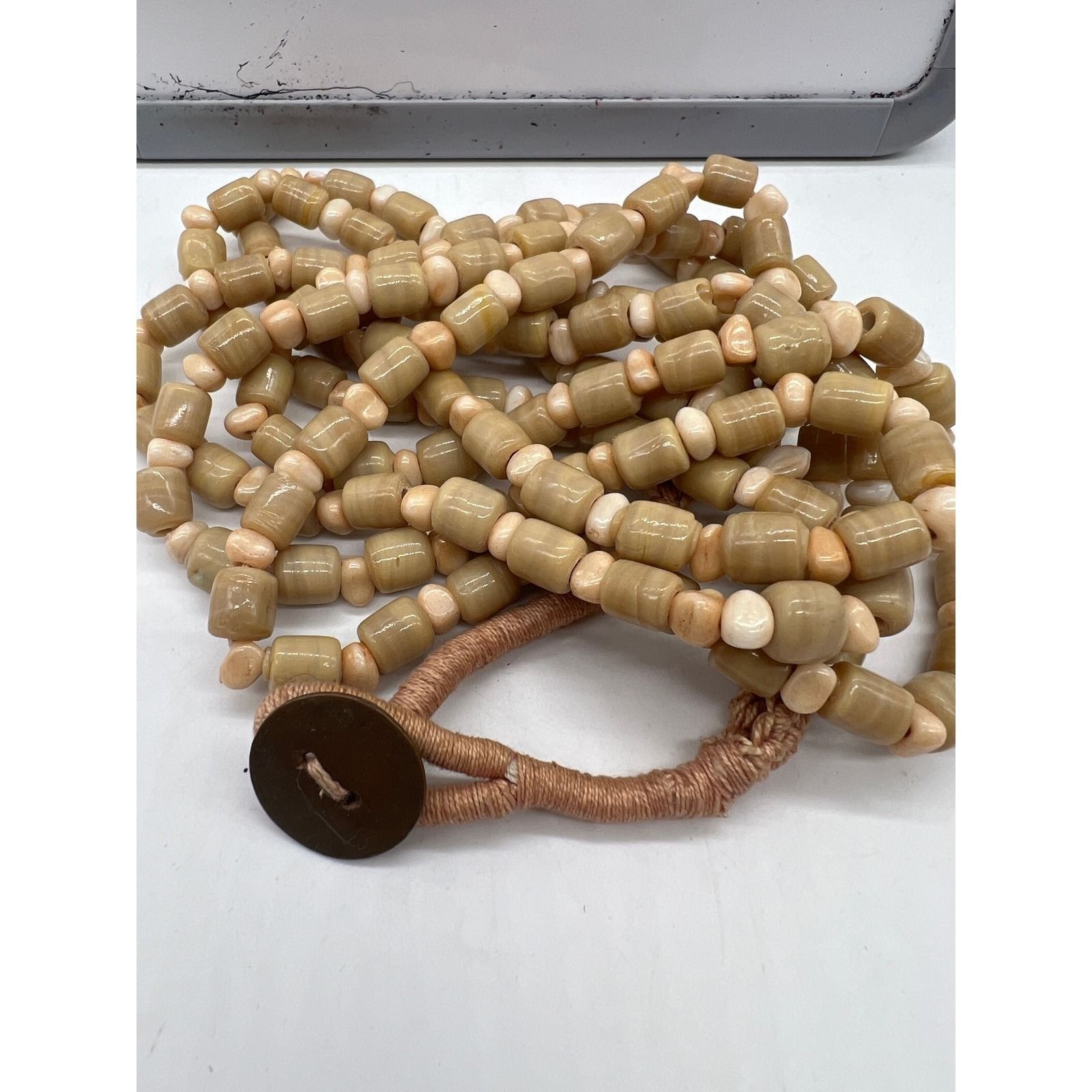 Multi Strand Chalcedony Agate Bead Necklace Boho Statement Artisan Tan