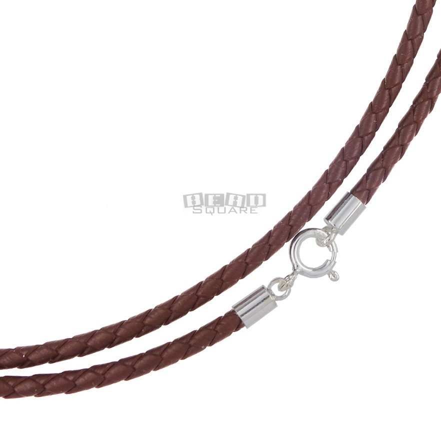 Sterling Silver 3mm Brown Braid Genuine Leather Cord Necklace Spring Ring Clasp