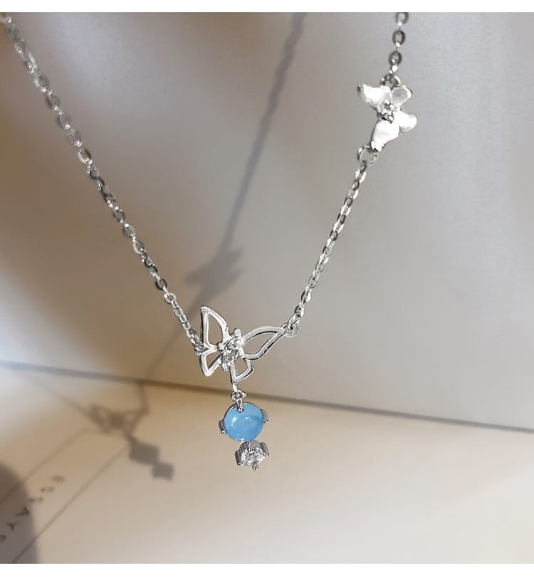 Silver Butterfly Necklace with Zircon Pendant for Women