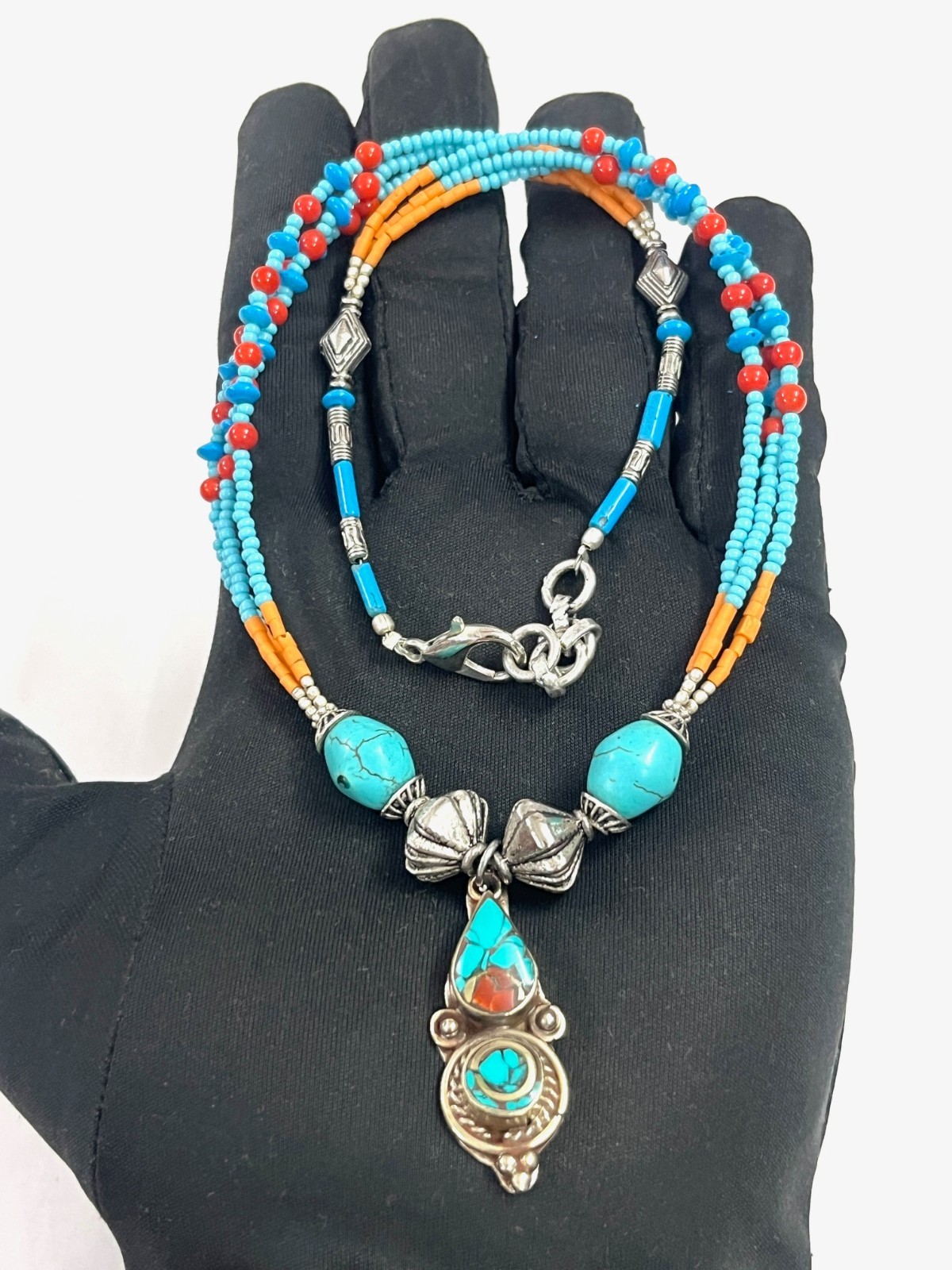 Handcrafted Turquoise Coral Gemstone Tibetan Necklace Jewelry, 17 inch Adjus