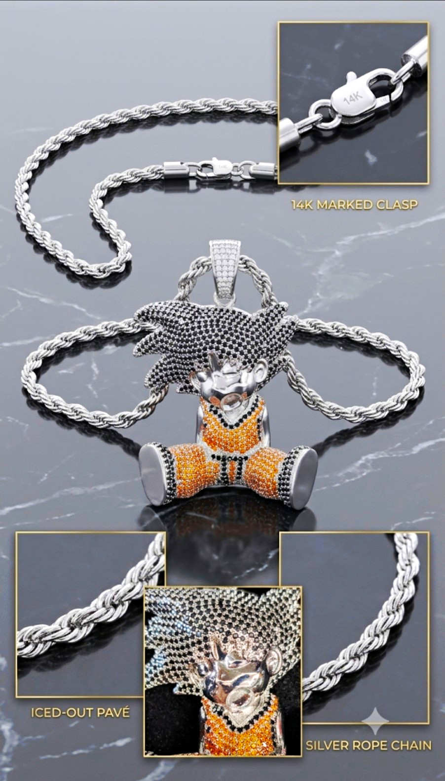 Iced Out Anime Character Pendant Rope Chain 14K White Gold Plated Stainles Steel