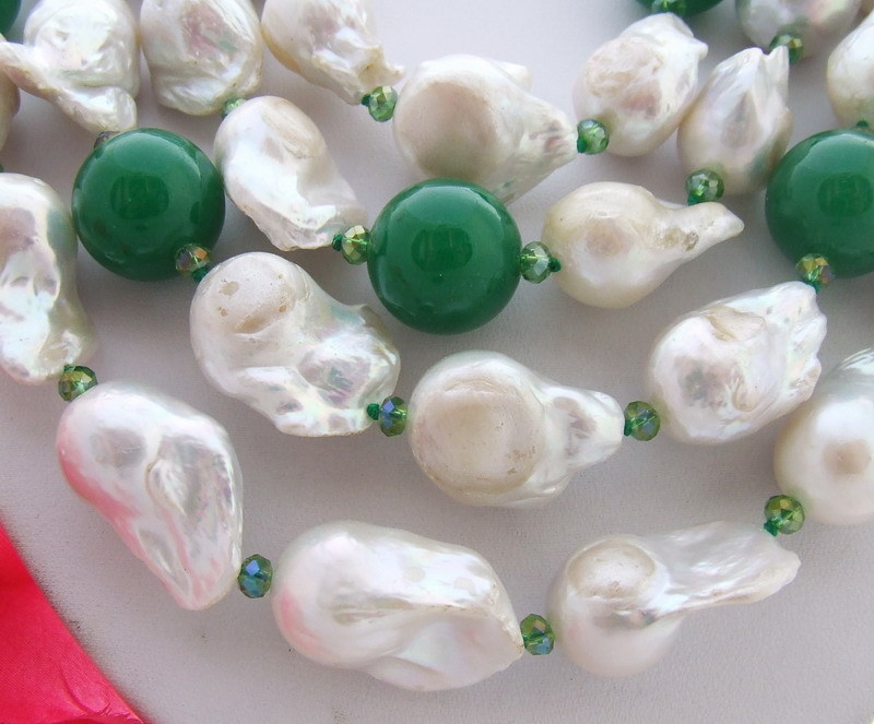 25mm Freshwater White Keshi Pearl Green Jade Crystal Multi Strands Necklace 19″