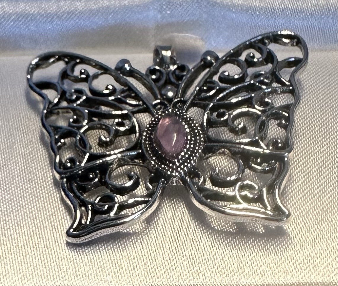 Kelly Waters Rhodium Finish Butterfly Charm Pendant Pink Marquise Stone Bezel