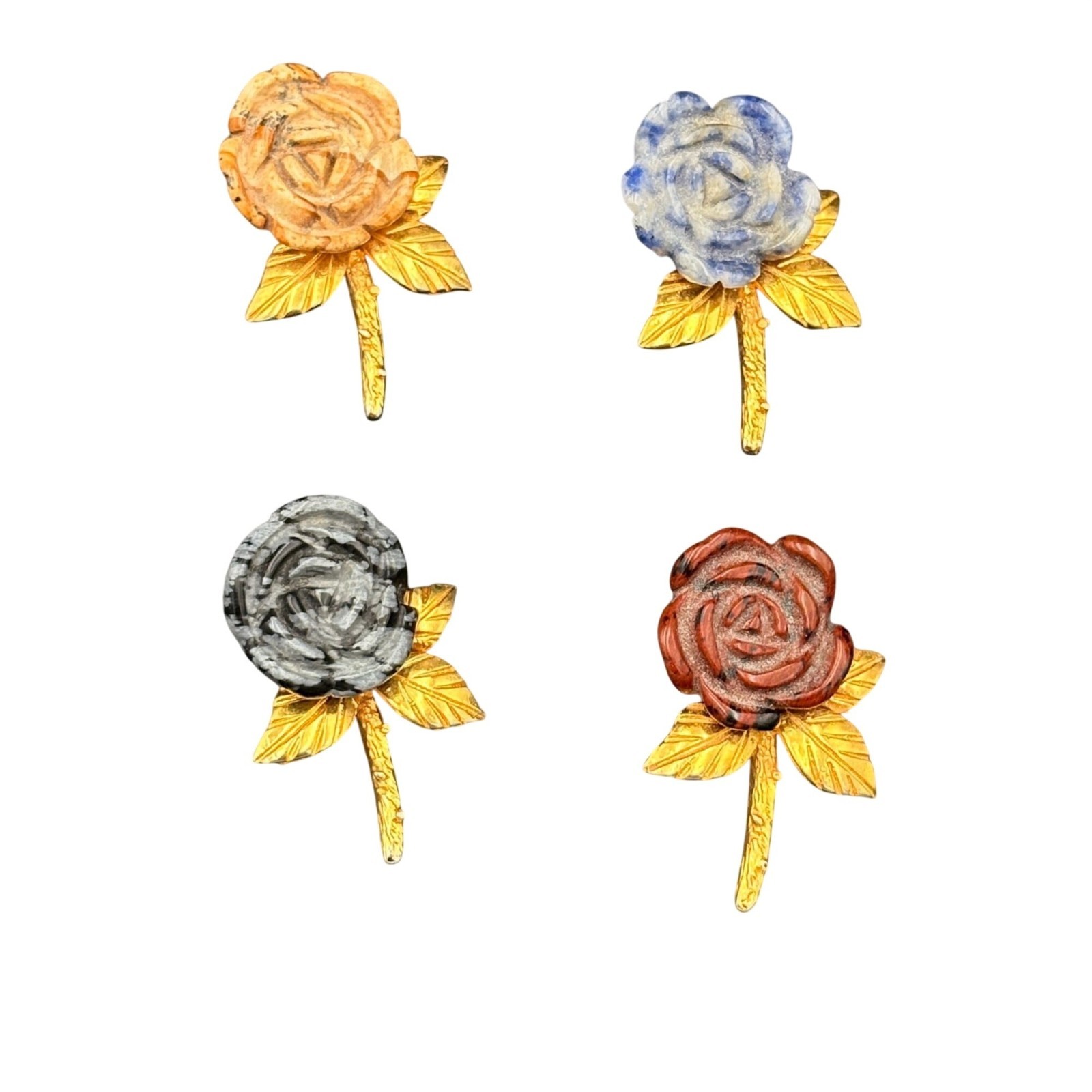 Handcrafted Stone Rose Pendants With Golden Tone Stem & Leaf Design Lot of 4