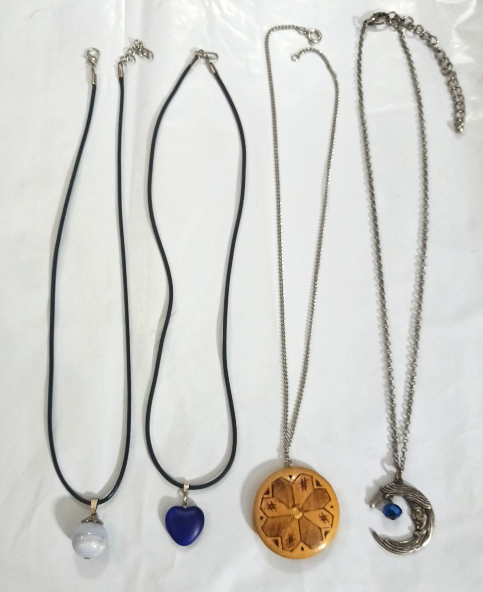 Necklace chains with pendants. stone ball, heart, wood, moon. Lot of 4 necklaces
