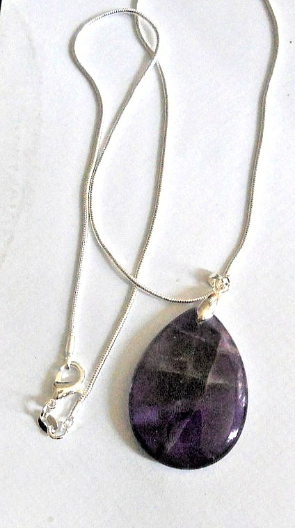 Ameythst teardrop 38x25mm on silver snake chain 18″long