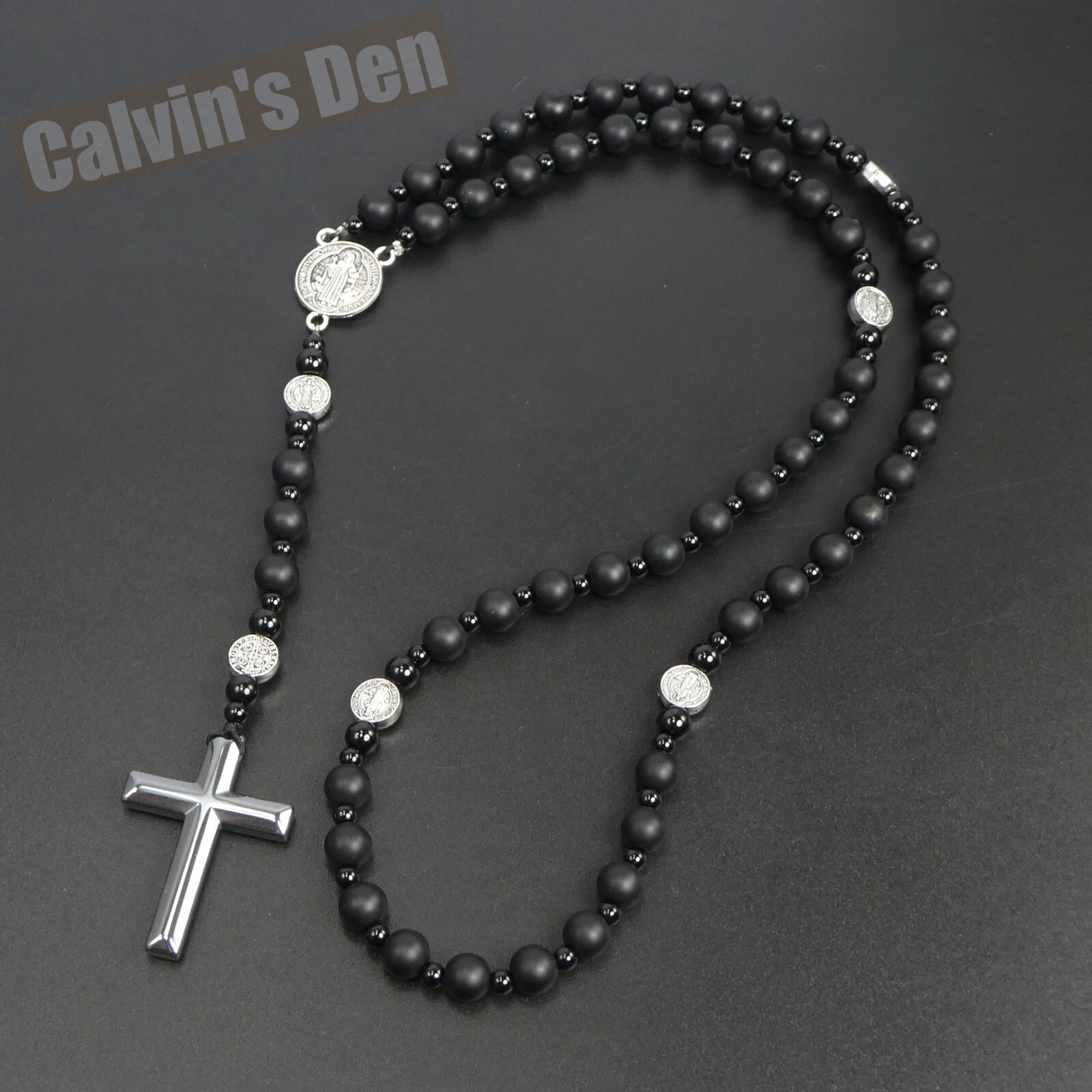 St Benedict Black Obsidian Onyx Black Hematite Cross Rosary Necklace Men Gift