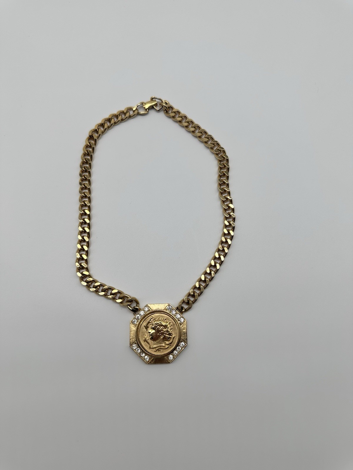 Gold Tone Miami Curb Chain/Crystal Accents/Roman French Emp. Faux Coin Pendant