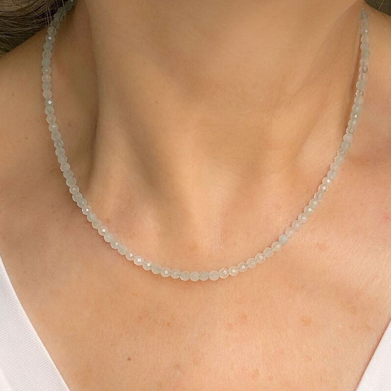 2mm Aquamarine Crystal Gemstone Faceted Beads Dainty Choker Necklace Minimalist