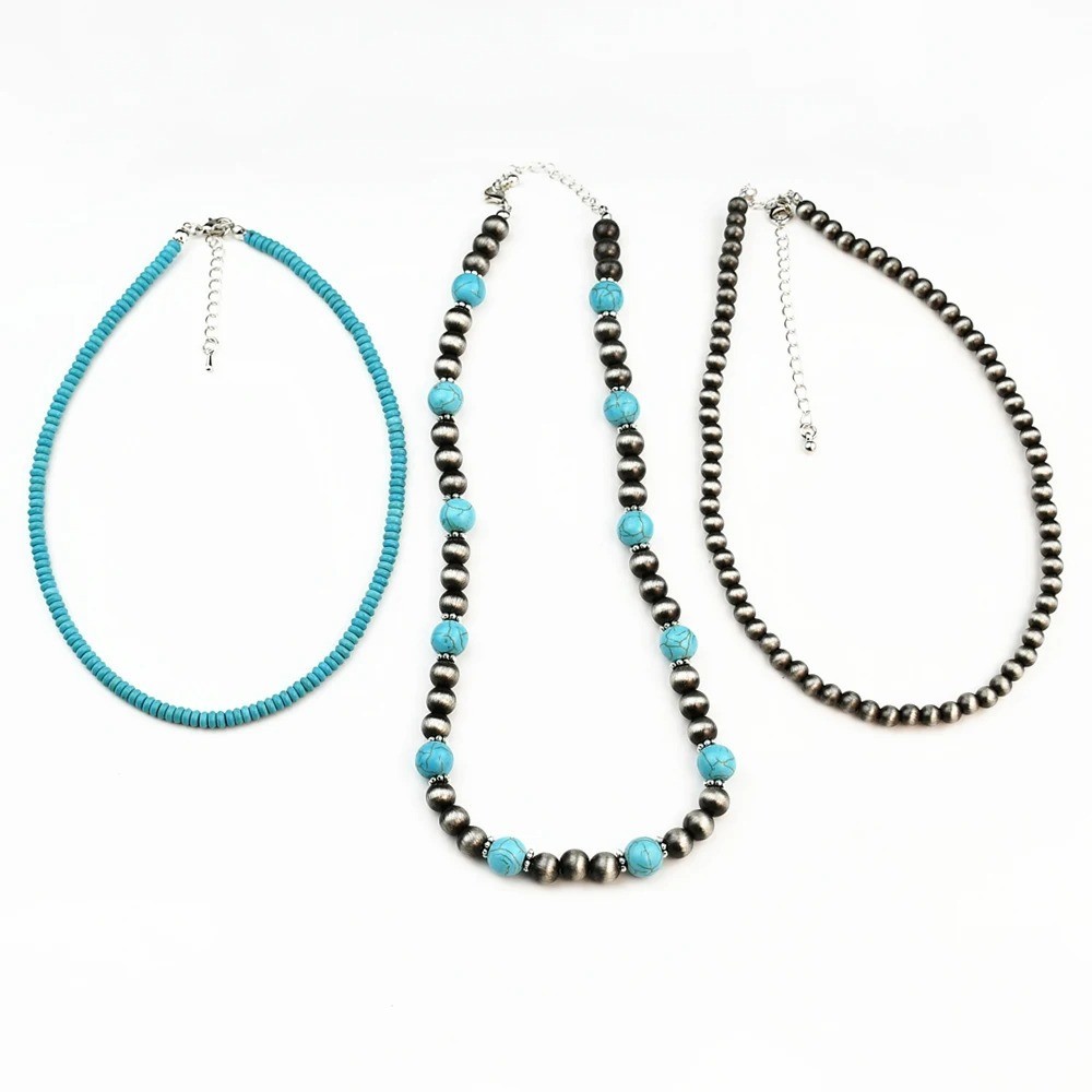 3Pcs Pearl Turquoise Beaded Necklace Set Boho Vintage Choker Women Jewelry