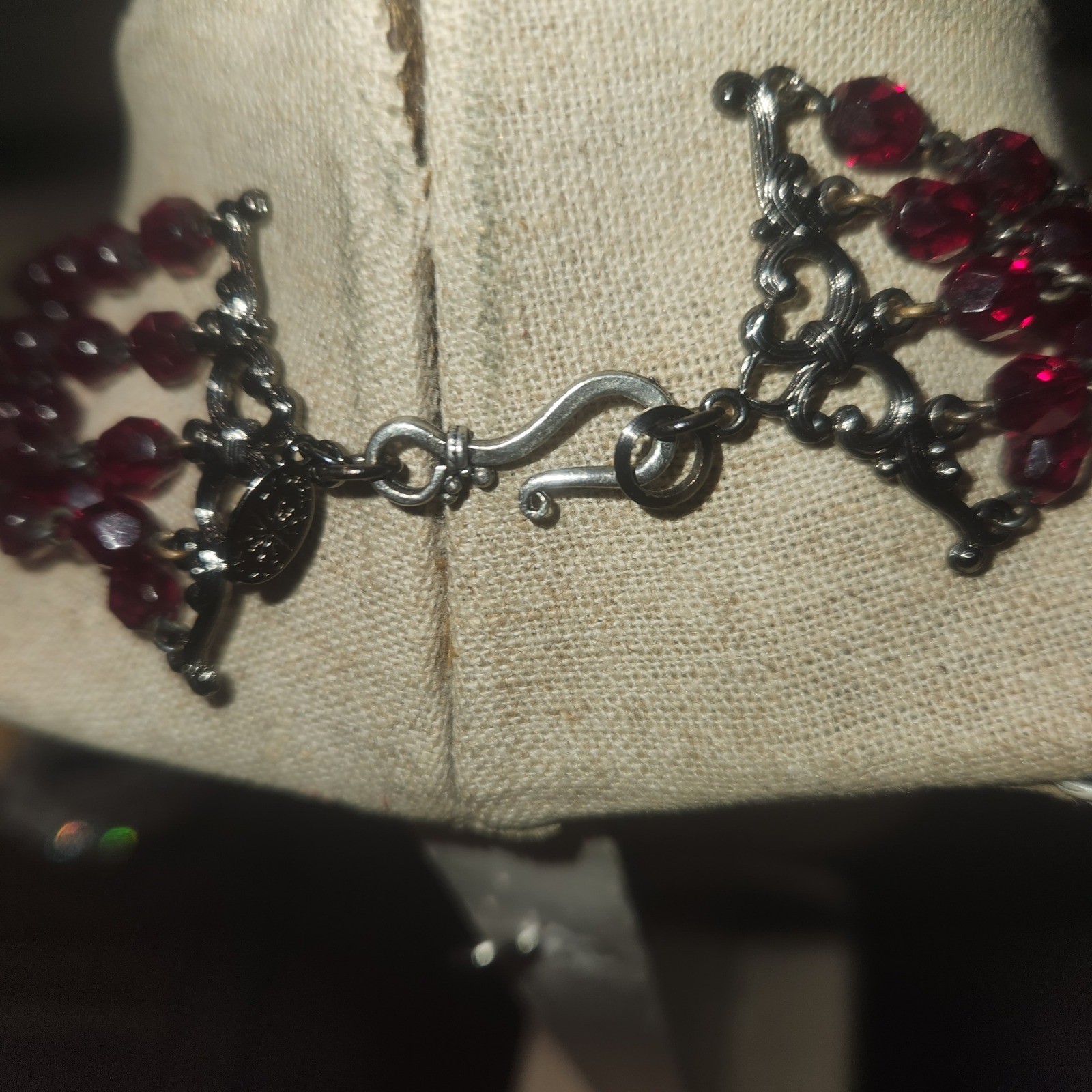Lyndell NYC Red Crystal Multi Strand Bib Necklace Antiqued metal Tone 15in.