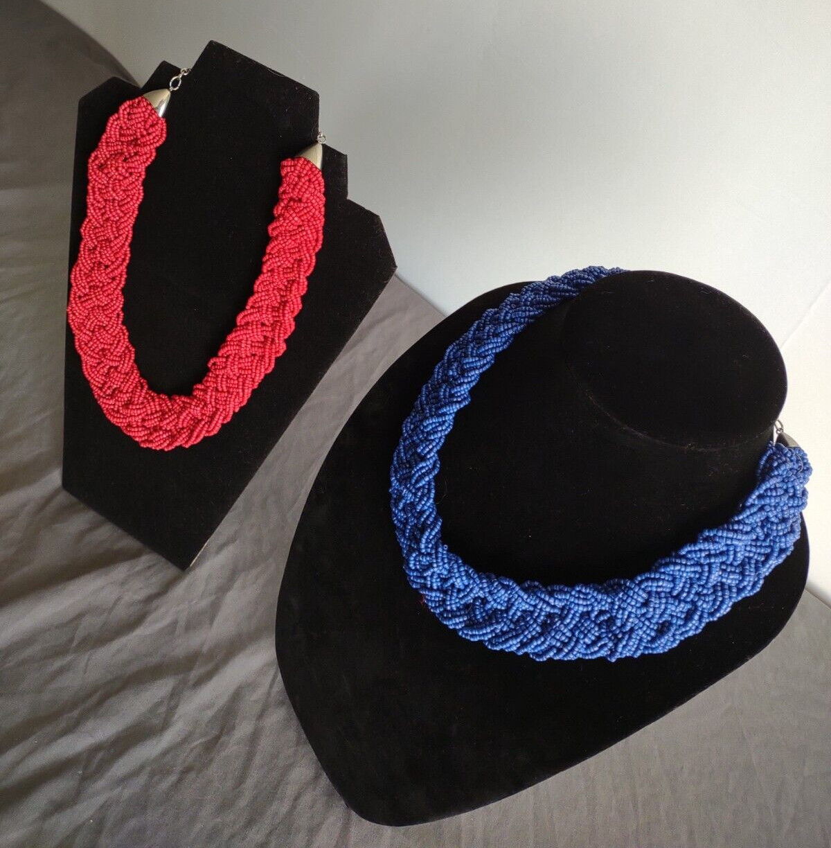 Statement Boho Glass Seed Bead Necklace Jewelry Lot Red Blue Chunky Braided