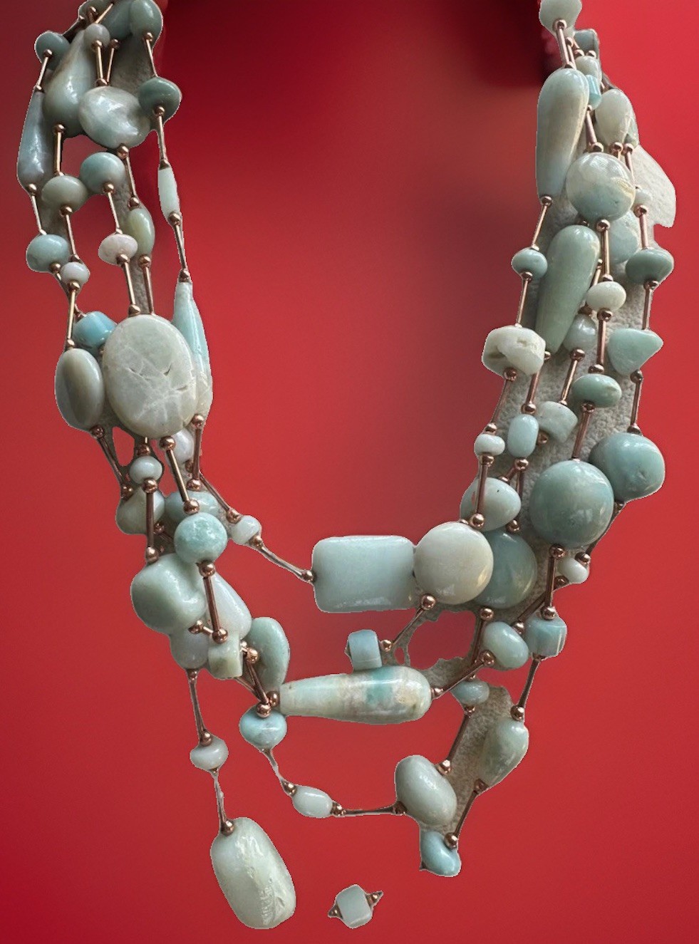 Multi Strand Amazonite Green Gem Stone Lg. Bead Aqua copper Necklace Balance