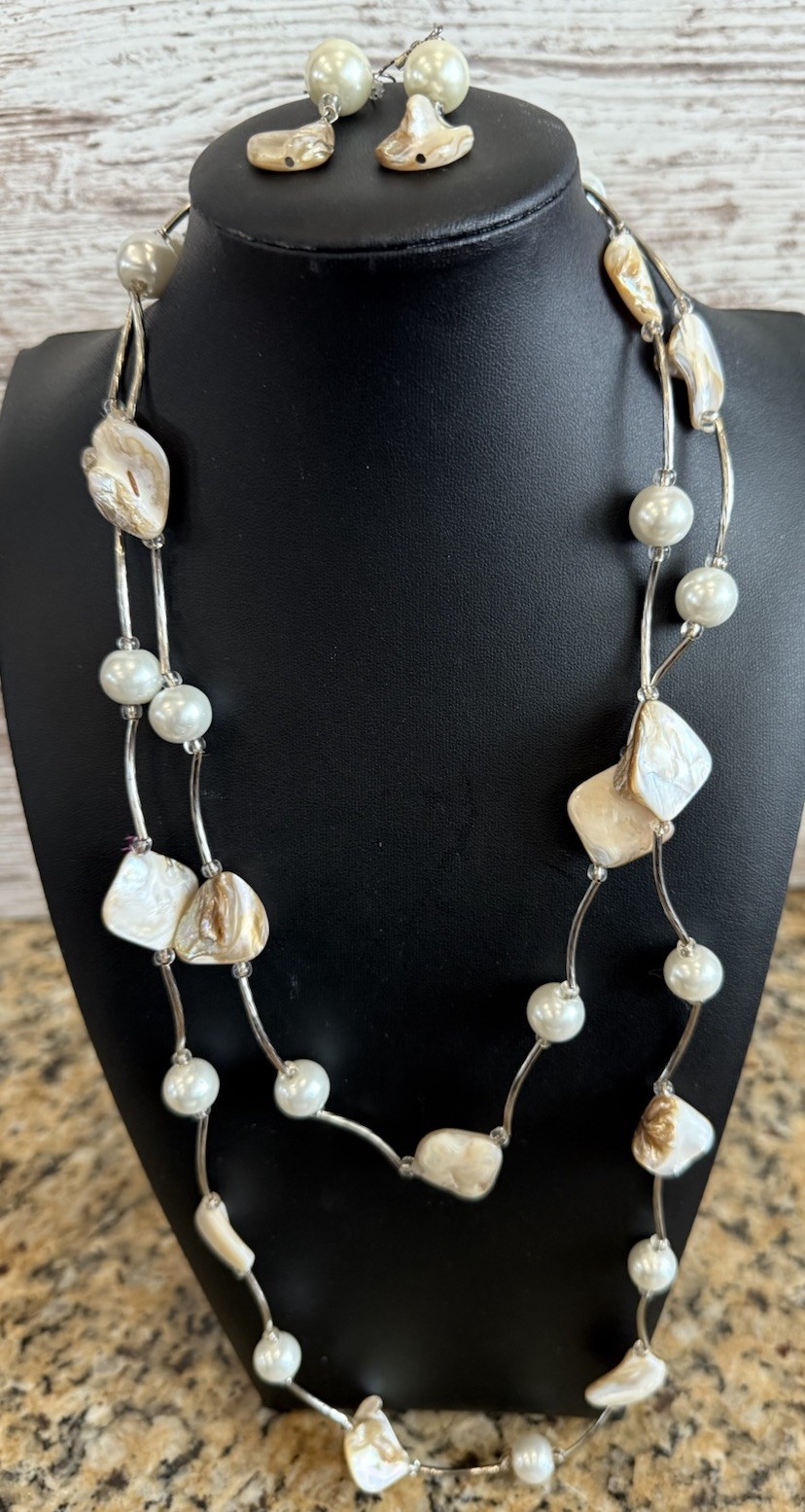 Fashion Layered Necklace & Earrings Abalone & Faux Pearl Silver Tone 54” Boho