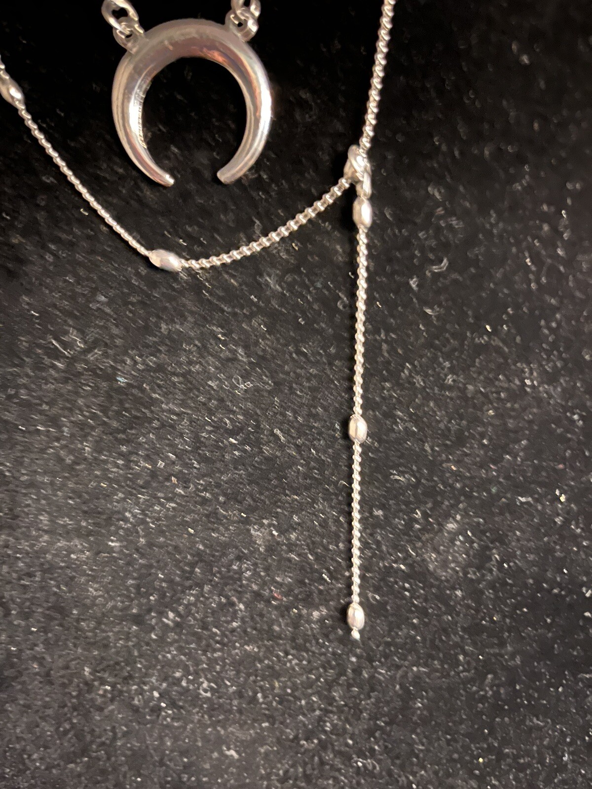 Three Strand Asymmetrical Beads Moon And Balls Pendant Silver Tone Necklace 16”