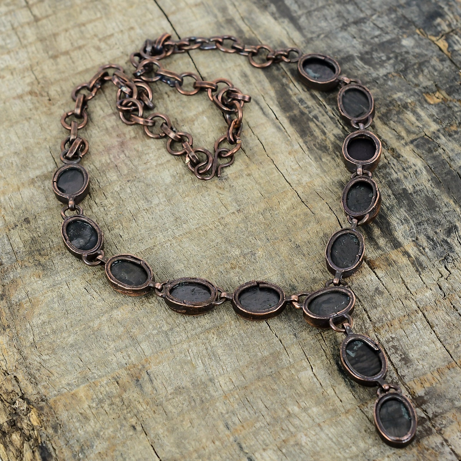 Copper Oval Hypersthene Gemstone Chain Wedding Electroformed Engagement Necklace