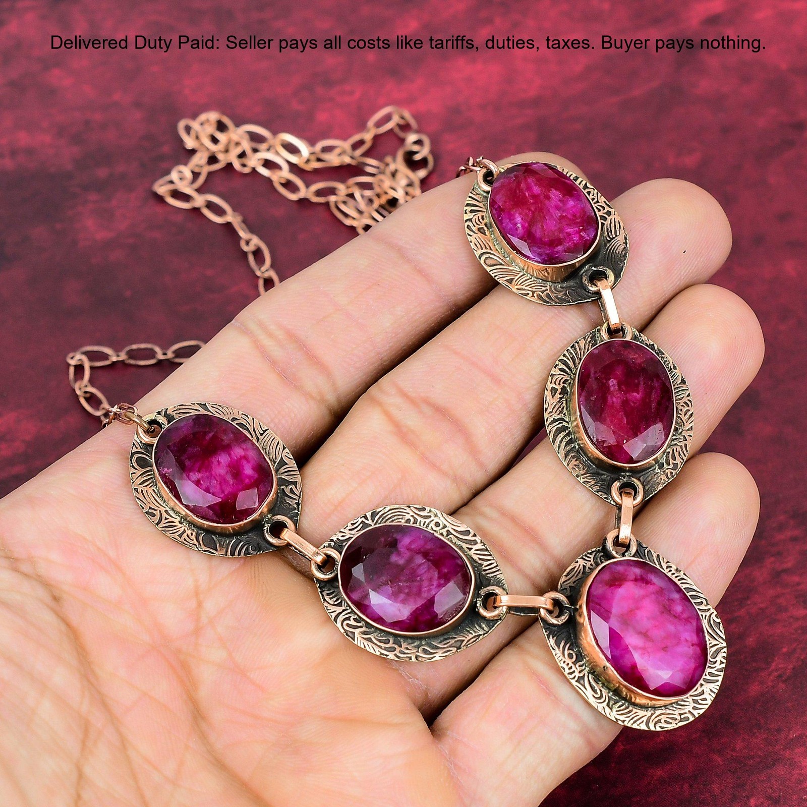 Kashmir Rubi Stone Artisan Chain Handcrafted Handmade Necklace Jewelry Copper