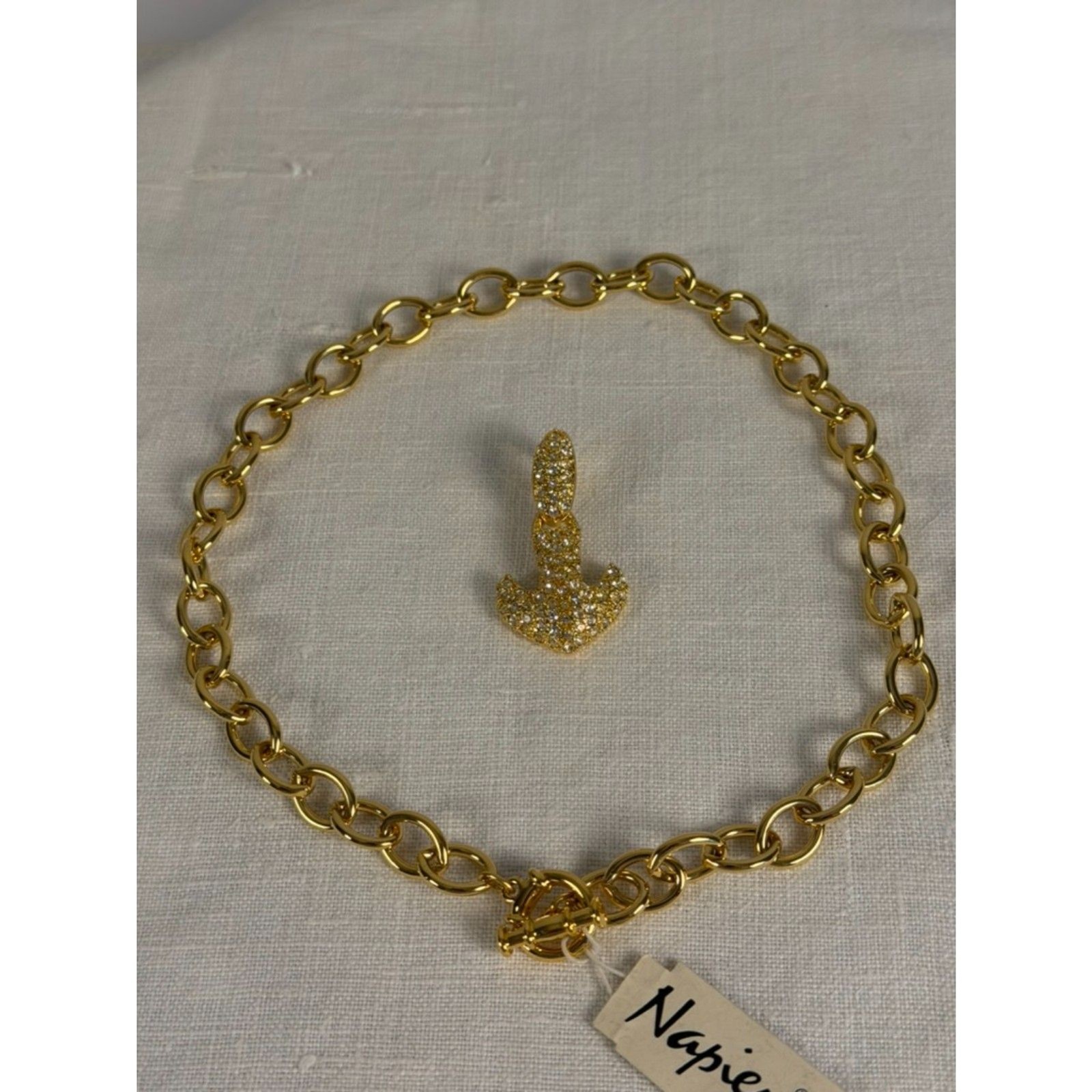 NWT Napier Gold Tone Crystal Articulated Anchor Necklace Removable Pendant 16″