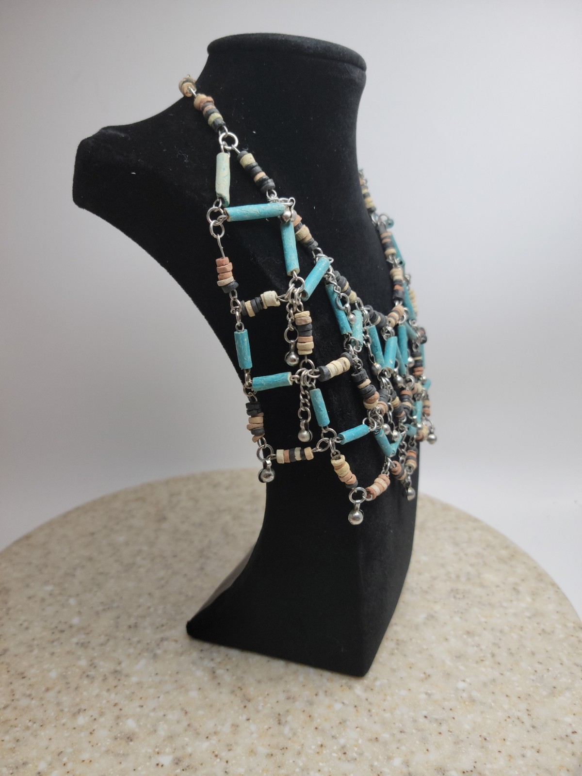 Boho Southwestern Style Multi-Strand Bib Necklace Turquoise Tan Gray Bead Web
