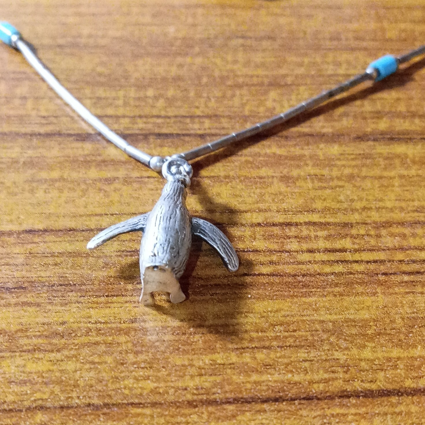 Silver 925 Liquid Chain Necklace Penguin Charm Turquoise Accents Magnetic