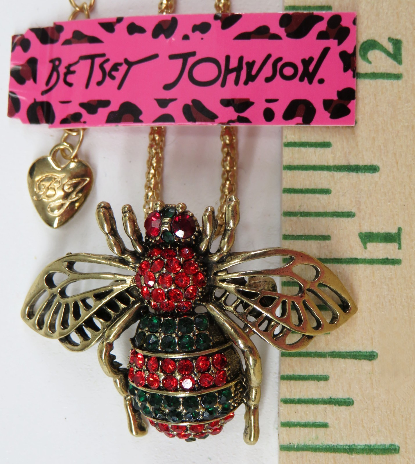 NWT-Betsey Johnson Red & Green Crystal Bee Pendant/Brooch on Goldtone Necklace