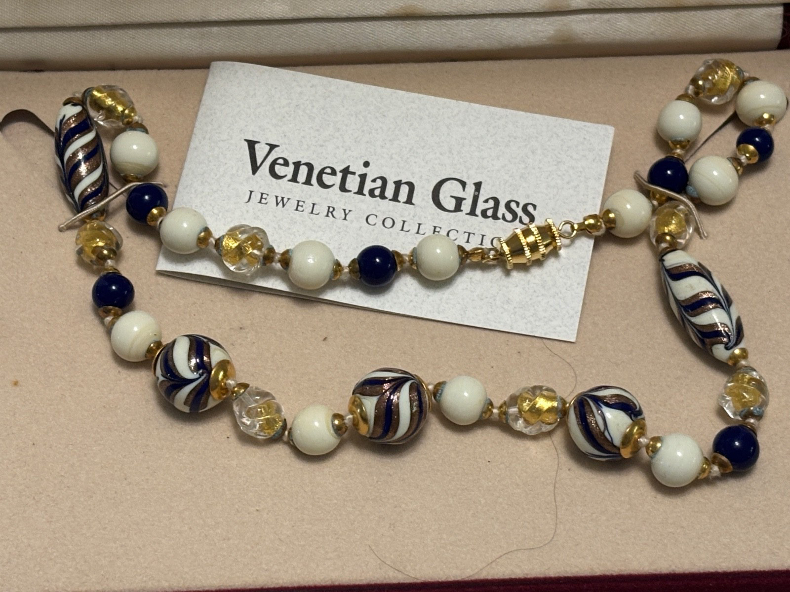 Venetian Glass Beads NECKLACE 20″ Cream Navy Gold Handcrafted IBB Italy Boxed