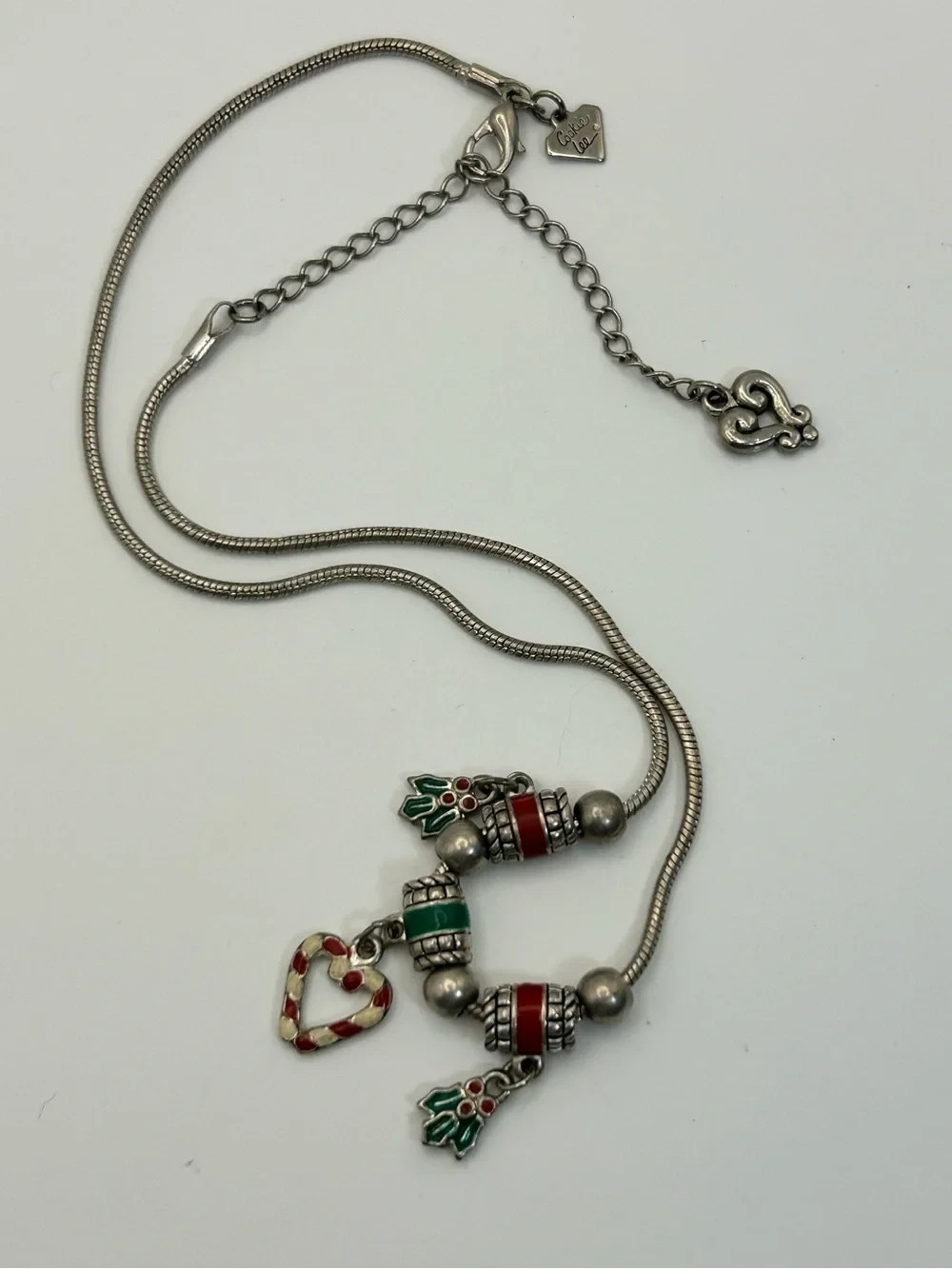 Cookie Lee Holiday Charm Necklace Red Green Silver-Tone Candy Cane Heart 18″ VTG