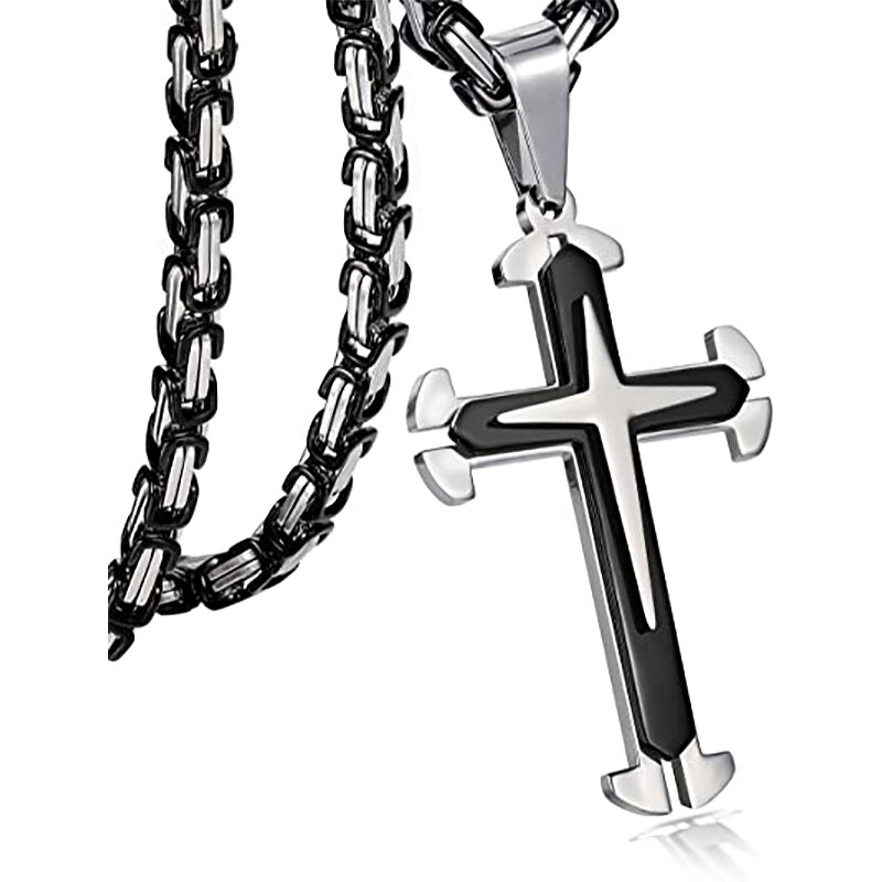 Mens Chain Silver Black Byzantine Box Stainless Steel Cross Pendant Necklace 22″