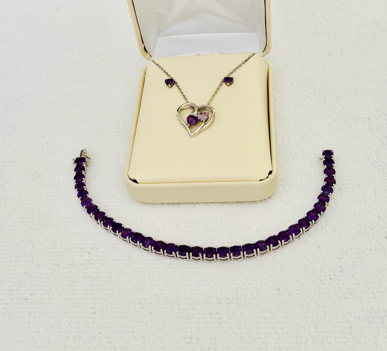 NWOT Italy 925 Sterling Silver Amethyst Heart Necklace, Bracelet & Earring Set