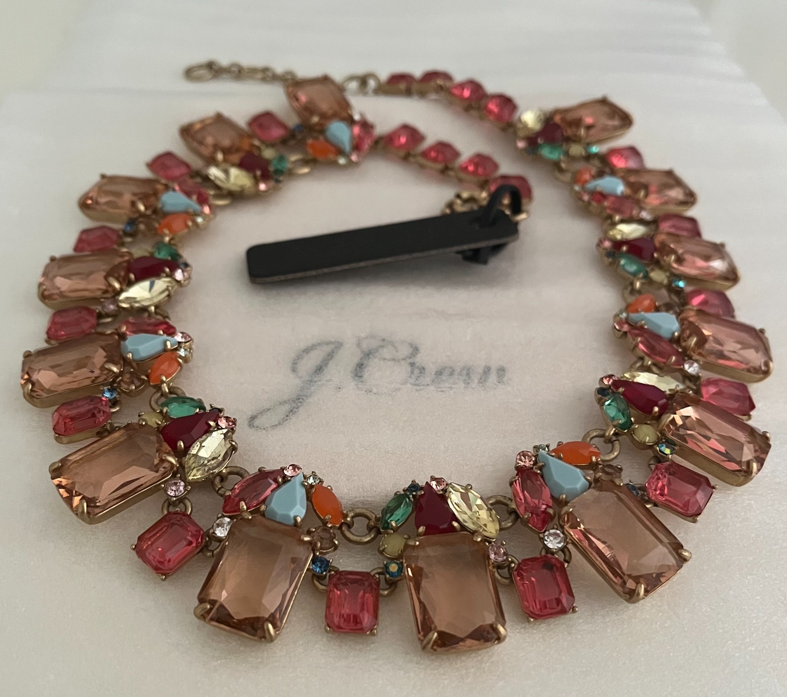 NWT J Crew Stunning Cluster drop Rhinestone Statement Necklace Blue Pink Gold