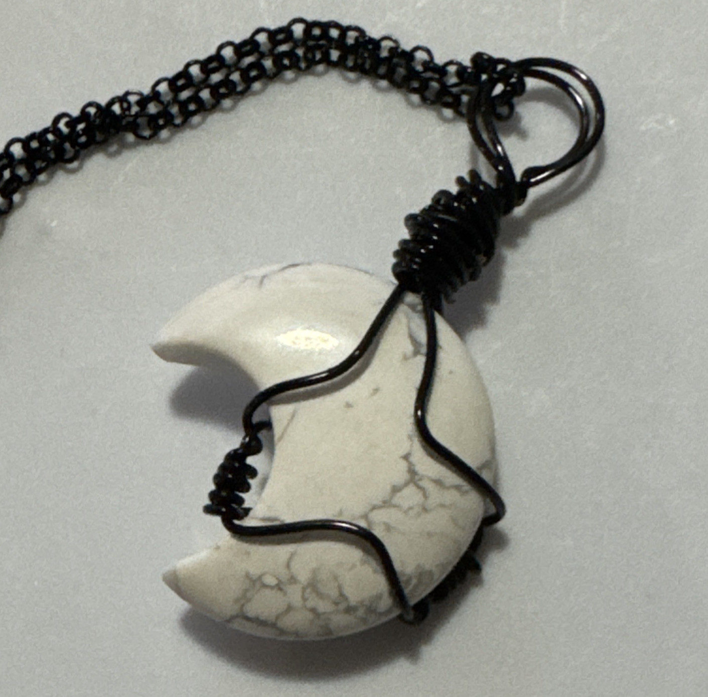 Howlite Moon Pendant Necklace Jewelry Black 21″ Chain Genuine Stone Handmade