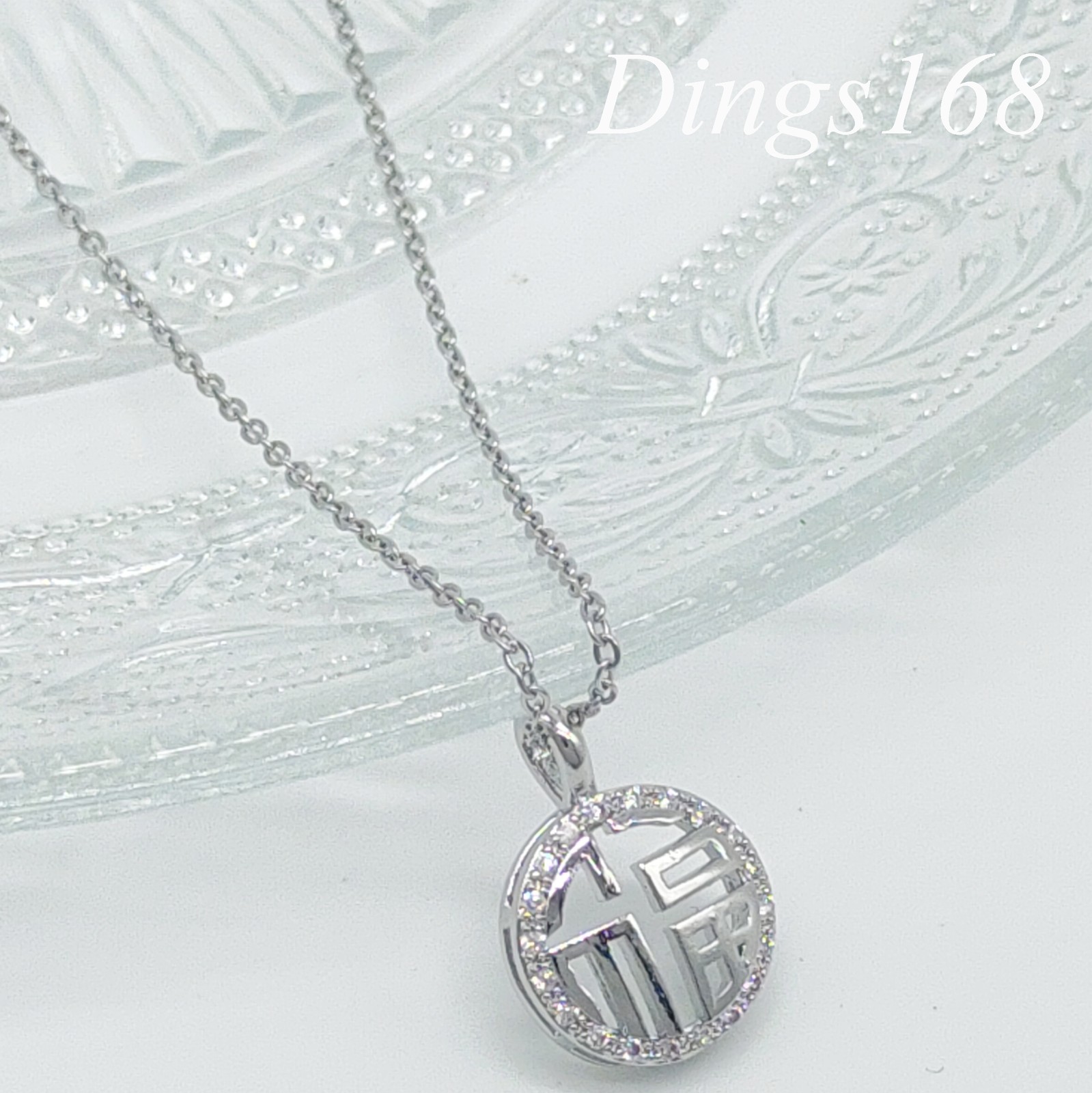 18K White Gold Filled 1mm Thin Cable Chain Necklace + 13mm Round Crystal Pendant
